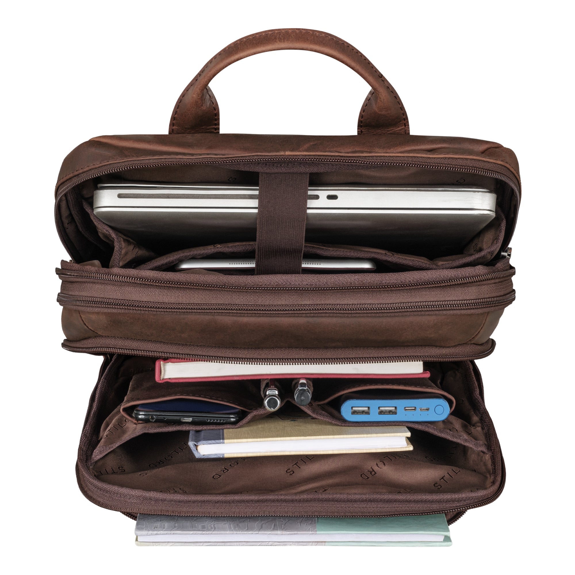 Schmaler Laptoprucksack Braun im gefüllten Zustand