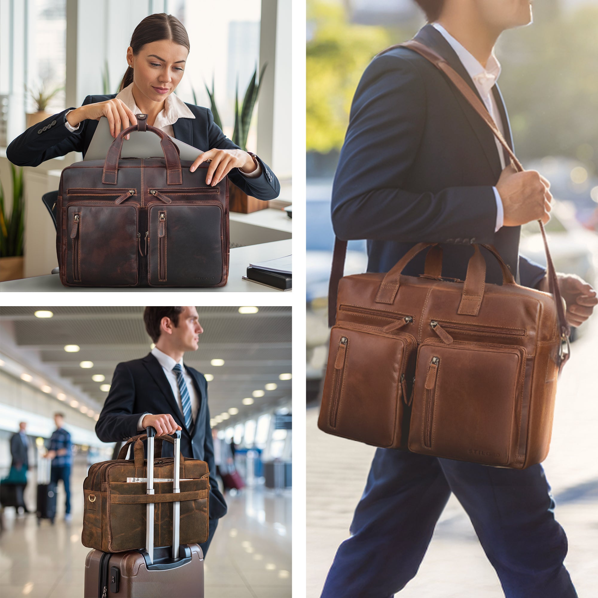 XXL Arbeitstasche Leder Herren und Damen mit Laptopfach für 17,3 Zoll und Trolleyhalterung
