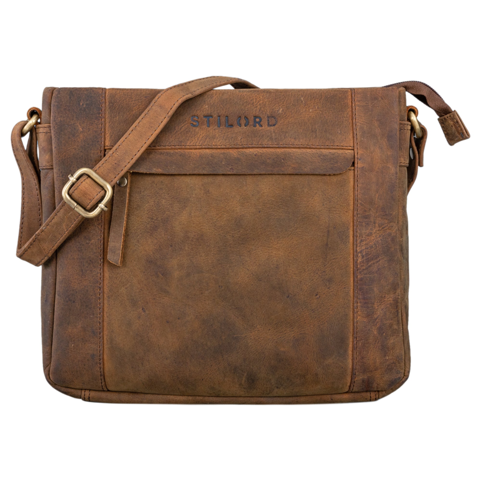 Ledertasche Damen Umhängetasche braun mit vorderem Reißverschlussfach aus der Frontalperspektive