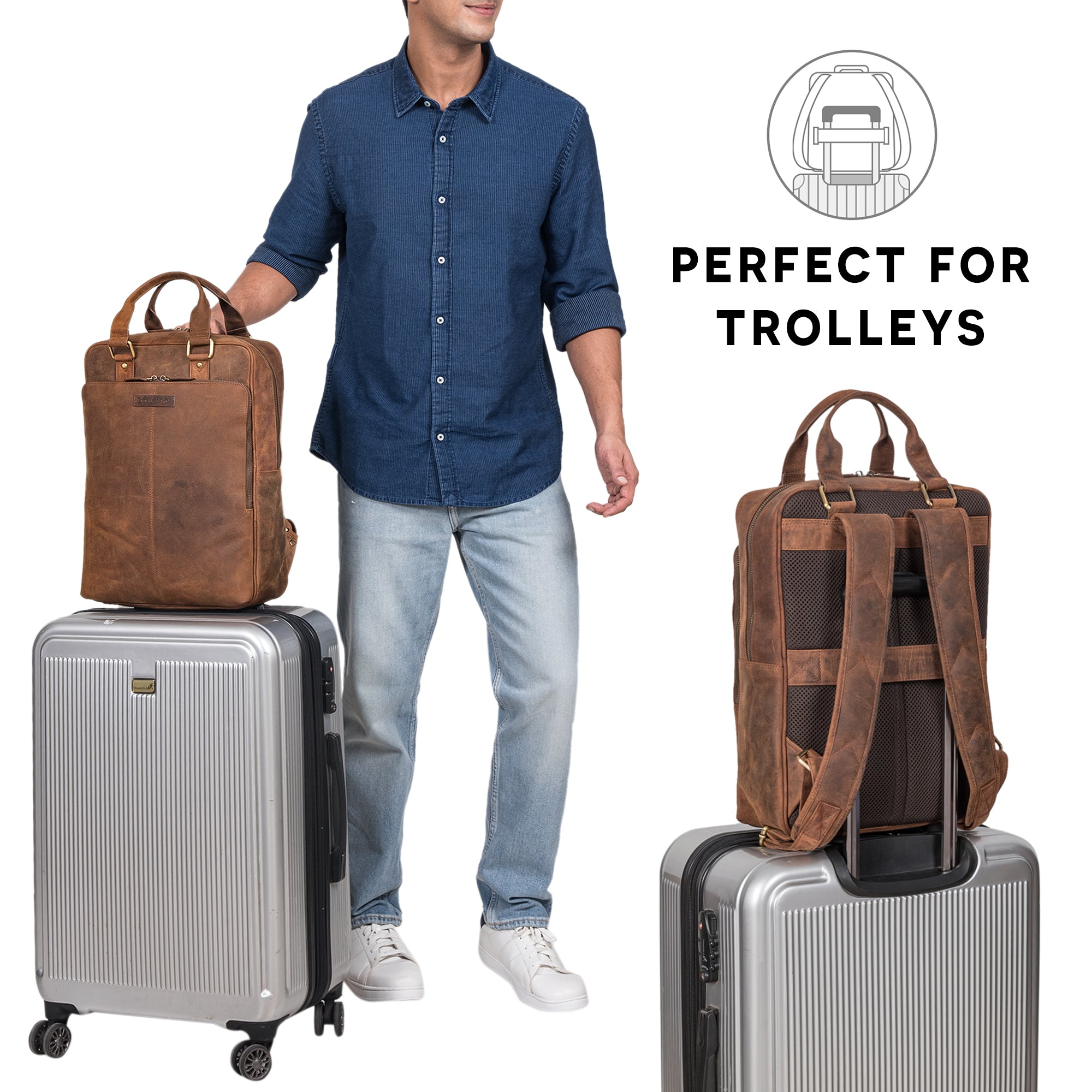 Schmaler Business Rucksack Leder Braun mit Trolleyhalterung 