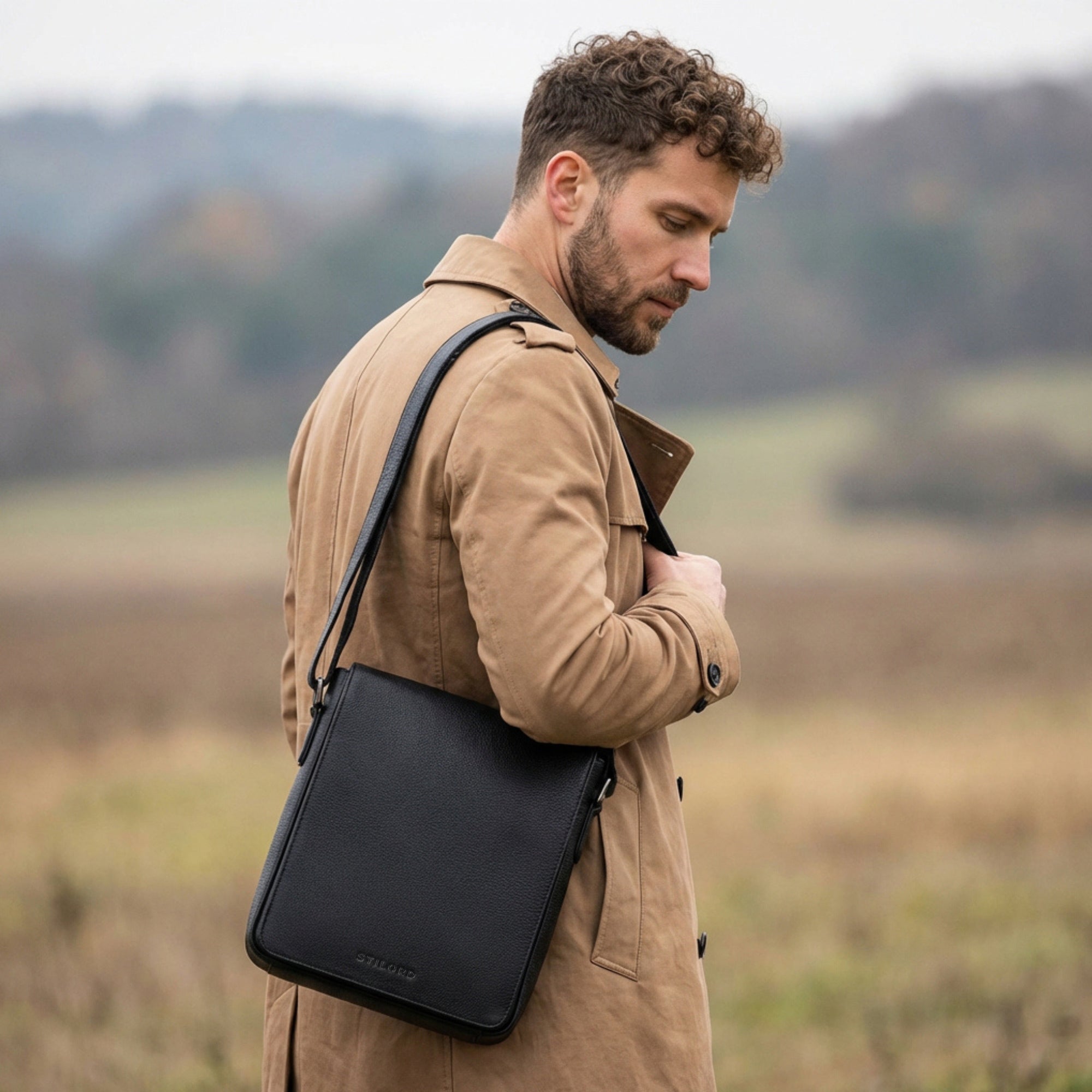 Messenger Bag Leder Herren schwarz