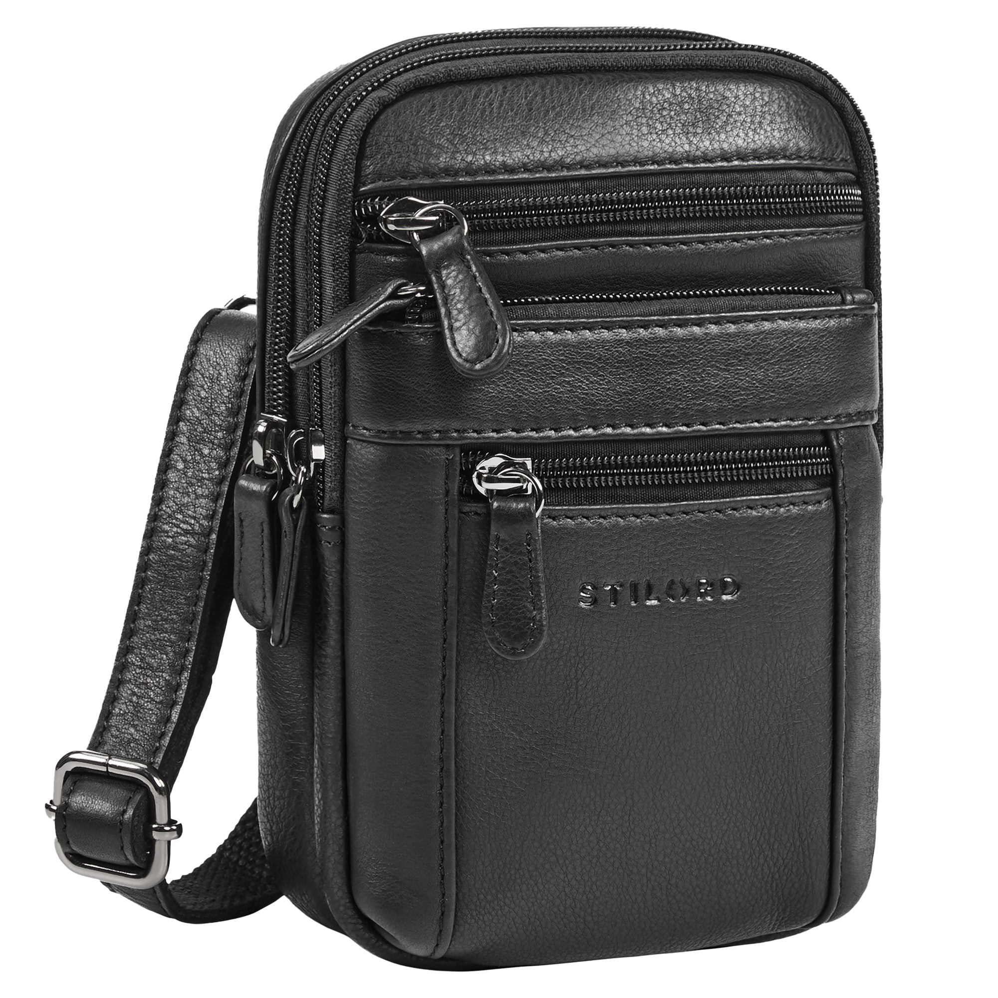 Multifunktionale 4-in-1 Kleine Ledertasche Herren Schwarz - Umhängetasche, Gürteltasche, Brusttasche oder mit Karabiner befestigbar