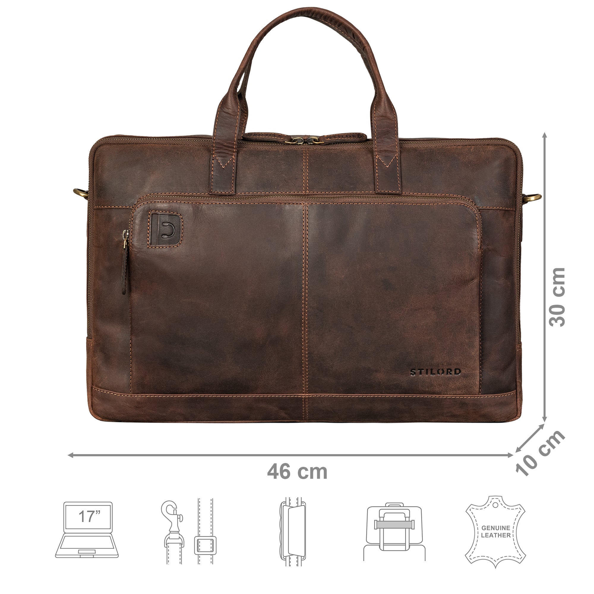 Aktentasche Leder braun mit Größenangaben und zusätzlichen Merkmal Icons