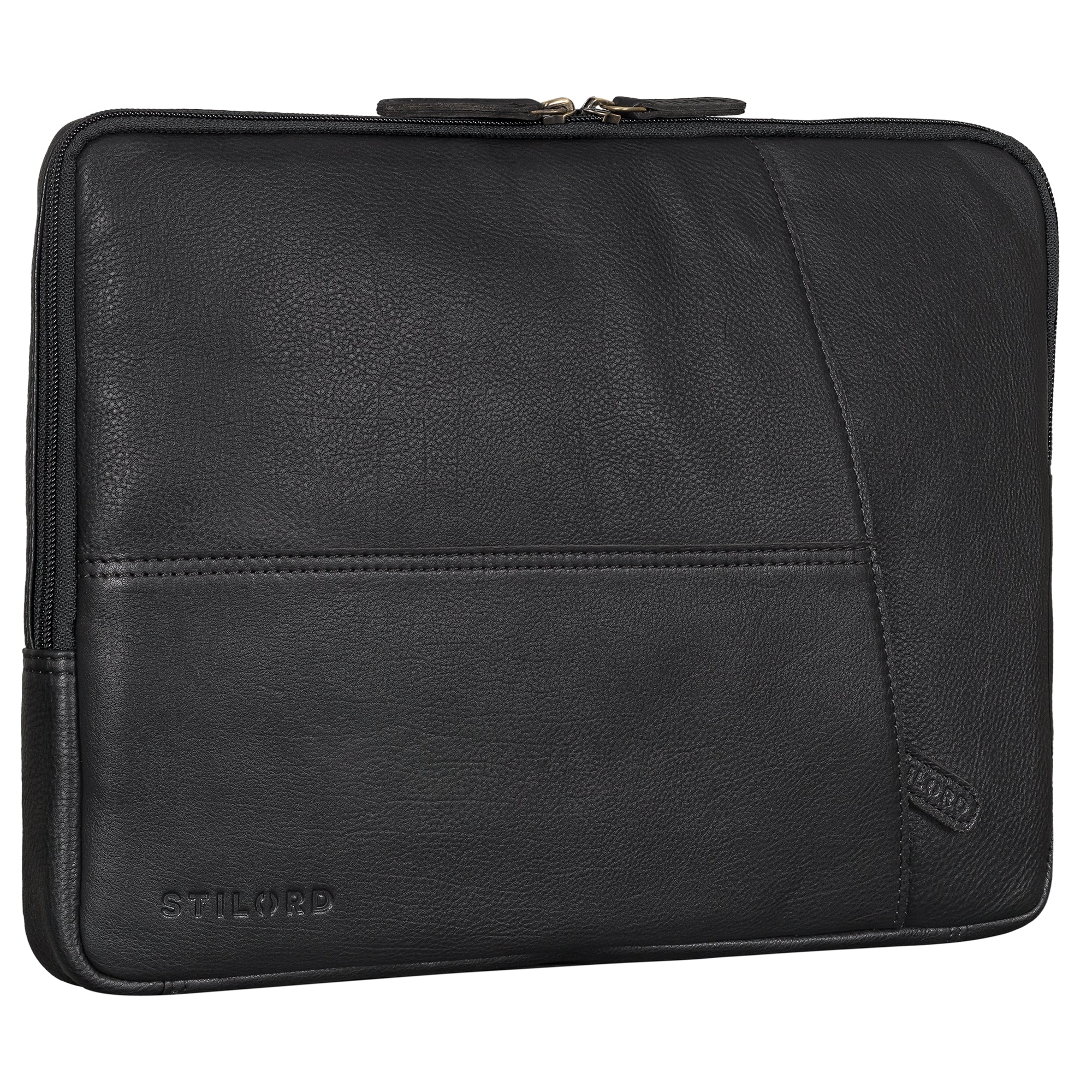 Laptoptasche 15.6 Zoll Leder schwarz aus der schrägen Frontalperspektive