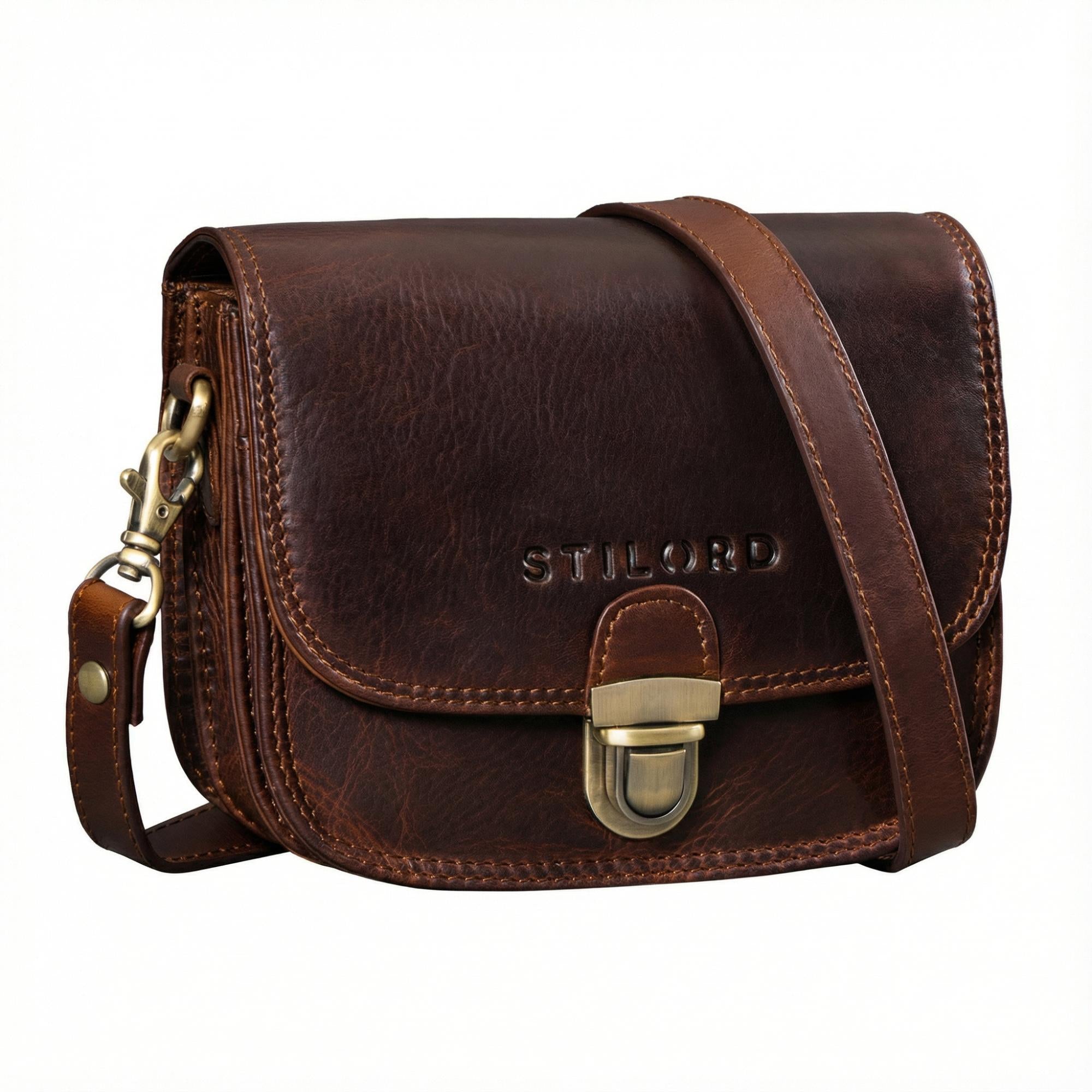 Cognac Mini Umhängetasche Damen Leder mit Abnehmbaren Gurt 
